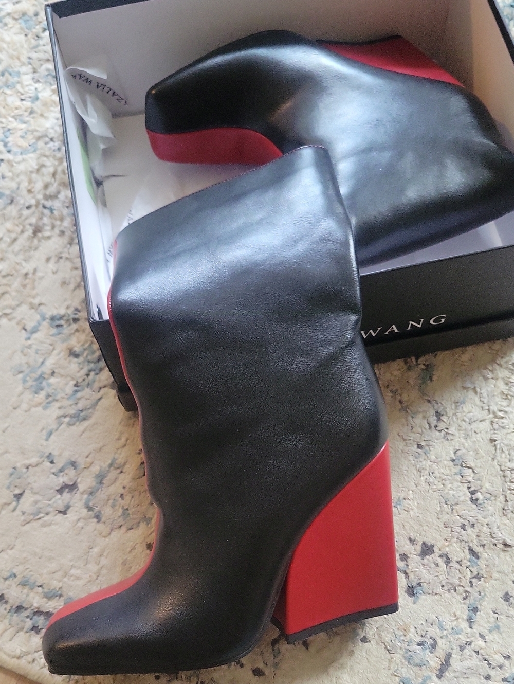 AZALEA WANG Black Leather Mid-Calf Boots with Red Block Heel - Picture 2 of 8